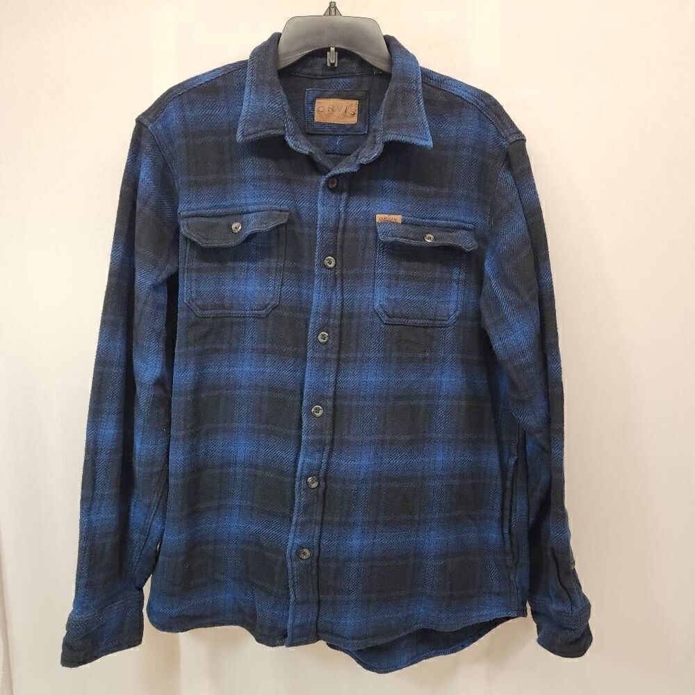 Orvis Men's Blue Size Large Plaid Heavyweight Flannel Shirt Jacket Shacket Hand